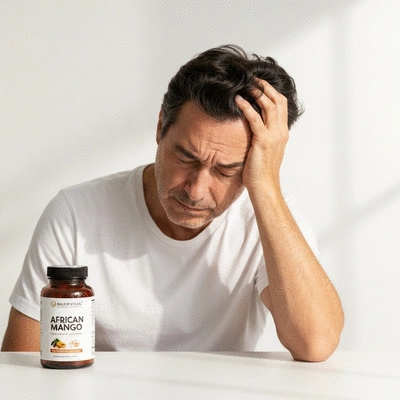Person holding their head, indicating a mild headache, next to a bottle of African Mango supplements, depicting potential side effects