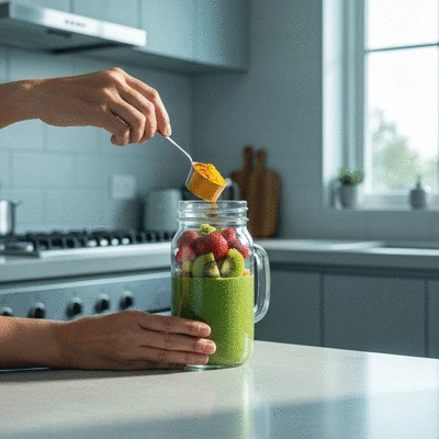 Person adding African mango powder to a smoothie, representing taking a step towards wellness
