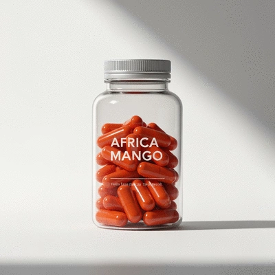African mango supplements in a bottle on a clean background
