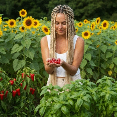A person holding a bottle of African mango capsules, with a healthy, vibrant background of fresh fruits and vegetables, indicating a balanced lifestyle, no text, no words, no typography, 8K, natural lighting