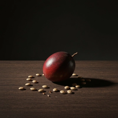 African Mango fruit and seeds on a rustic wooden table, focus on gut health, no text, no words, no typography, clean image