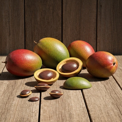 African Mango fruit and seeds on a wooden background