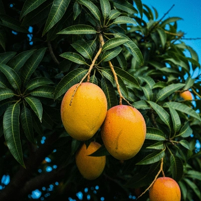 African mango fruit with leaves, natural setting, vibrant colors