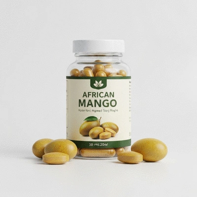 African mango supplements in a bottle on a clean white background
