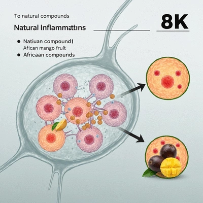 Scientific illustration of cellular inflammation being reduced by natural compounds, with African mango fruit elements subtly integrated, no text, no words, no typography, 8K, clean image