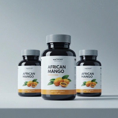 African Mango supplement bottles on a laboratory background