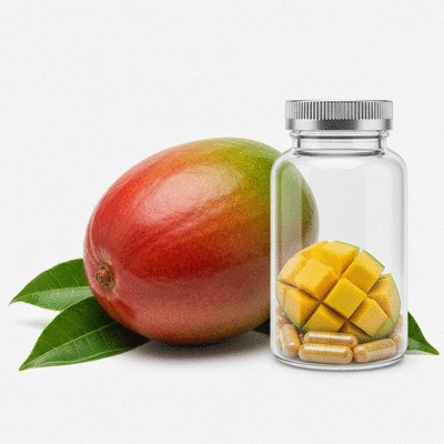 African mango fruit with leaves and supplements on a clean background