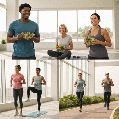 A diverse group of people engaging in various healthy activities like running, yoga, and eating a healthy salad, in a bright, modern setting