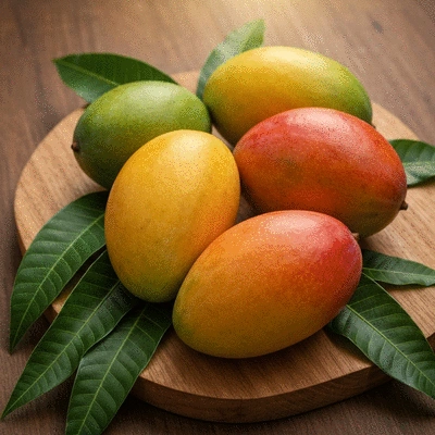 Traditional African mango fruits and leaves on a wooden bowl, natural setting, no text, no words, no typography