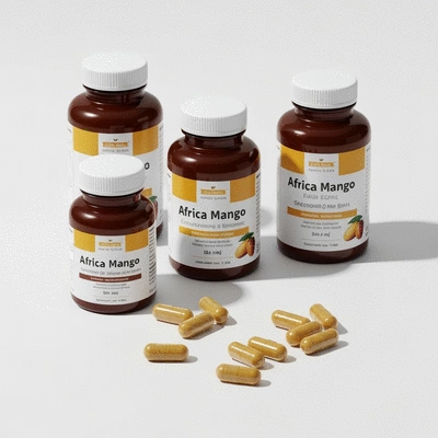 Various African mango supplement bottles and capsules on a clean white surface
