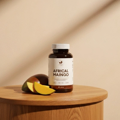 African mango supplement bottle next to fresh mango slices