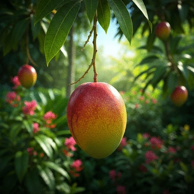 African mango fruit on a tree branch in a tropical setting