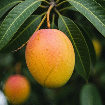 Close-up of fresh African mango fruit on a tree branch