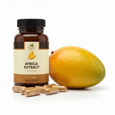 African mango extract capsules and fresh African mango fruit on a white background