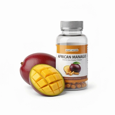 African Mango supplements in a bottle next to fresh African Mango fruit, clean product photography, studio lighting, no text, no words, no typography, clean image