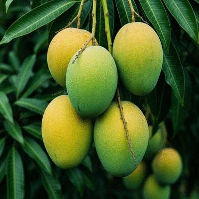 Close-up of fresh African mango fruits on a branch