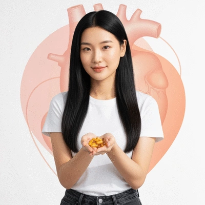 Person holding African Mango pills with a healthy heart graphic