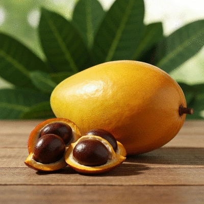 African Mango fruit and seeds on a rustic wooden table with green leaves, no text, no words, no typography, clean image