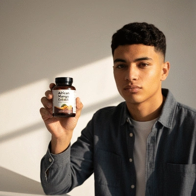 Person holding a bottle of African Mango Extract supplements, in a clean, modern setting, no text