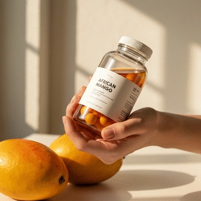 Person holding African mango supplements next to fresh fruit