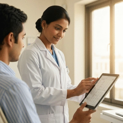 Person consulting a healthcare professional about natural supplements, with a tablet displaying health data