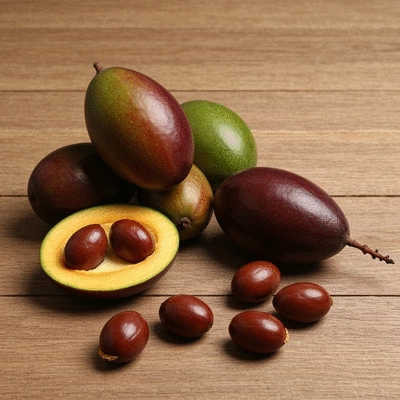 African mango fruits and seeds on a wooden background