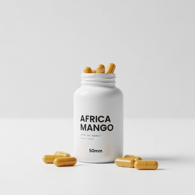 African mango supplement capsules in a clean white bottle