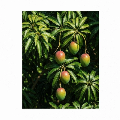 African mango fruit and leaves in a tropical setting