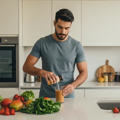 Person adding African Mango extract to a morning smoothie in a modern kitchen, no text, no words, no typography, clean image