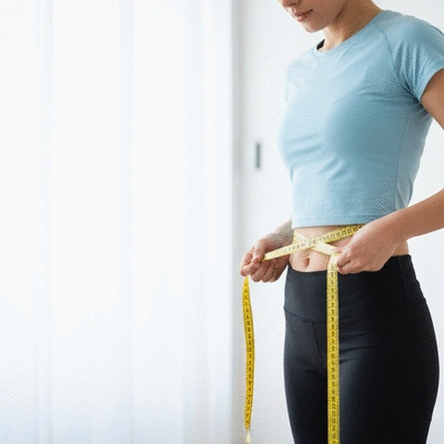 Person measuring their waist with a tape measure, symbolizing weight management progress