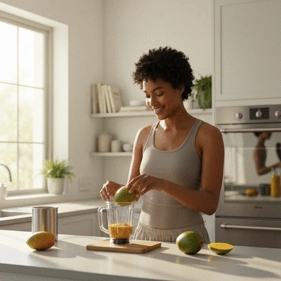 Person preparing a healthy smoothie with African mango, kitchen setting