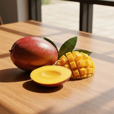 Fresh African mango fruit on a wooden table