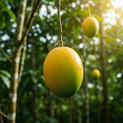 Close-up of fresh African Mango fruit on a tree branch in a rainforest, vibrant green and yellow colors, natural lighting, no text, no words, no typography, clean image