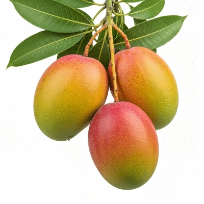 Fresh African Mango fruits on a branch with green leaves