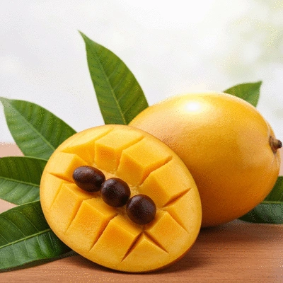 Close-up of a sliced African Mango with seeds and lush green leaves on a wooden surface