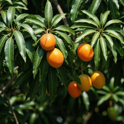 African mango fruit and leaves on a tree branch, vibrant and natural