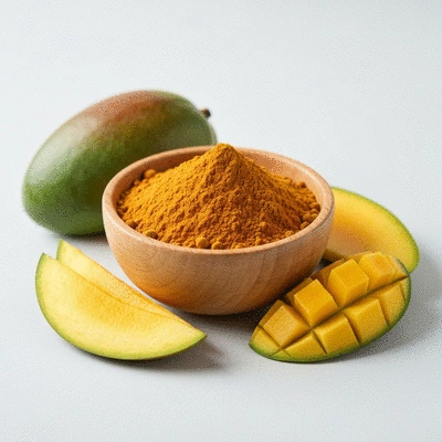 African mango powder in a bowl with fresh mango slices, representing health and wellness trends