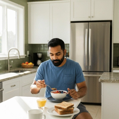 Person enjoying a balanced meal with African Mango on the side, emphasizing healthy lifestyle, no text, no words, no typography, clean image