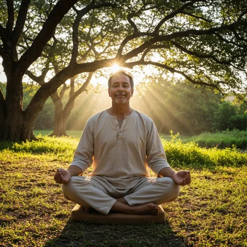 Person meditating in a serene natural setting