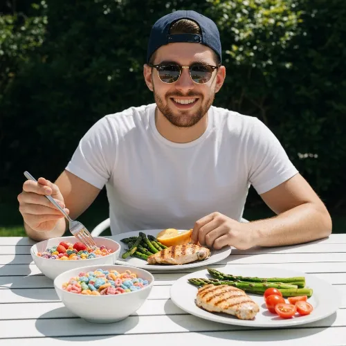 Person enjoying healthy food for weight management